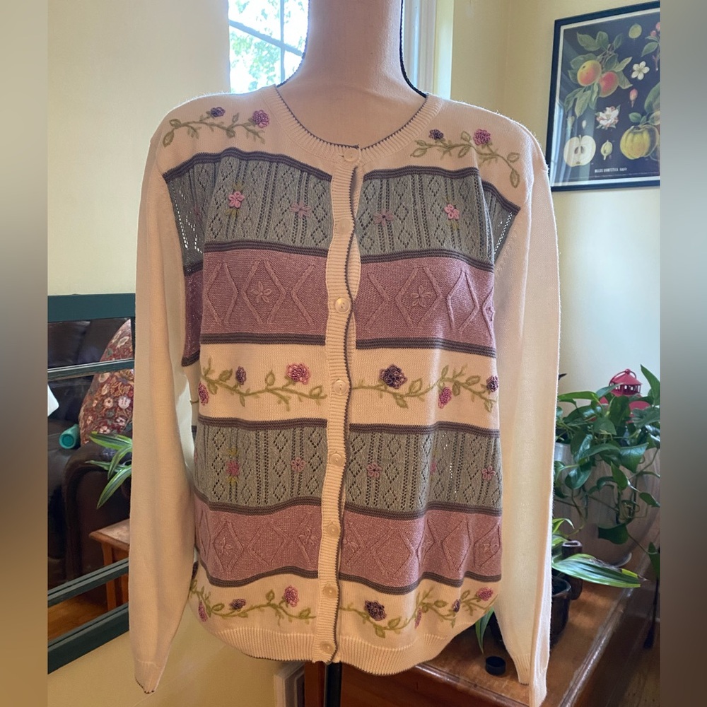 Vintage Alfred Dunner Floral Embroidered White/Teal/Lilac Cardigan L - Picture 1 of 11